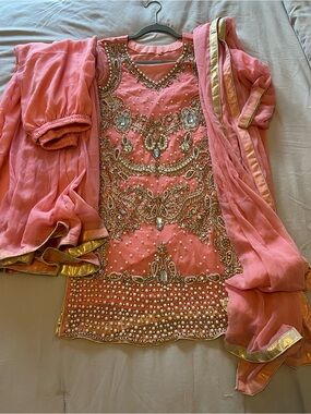 Embellished Coral Pink Salwar Kameez Set with Gold Trim